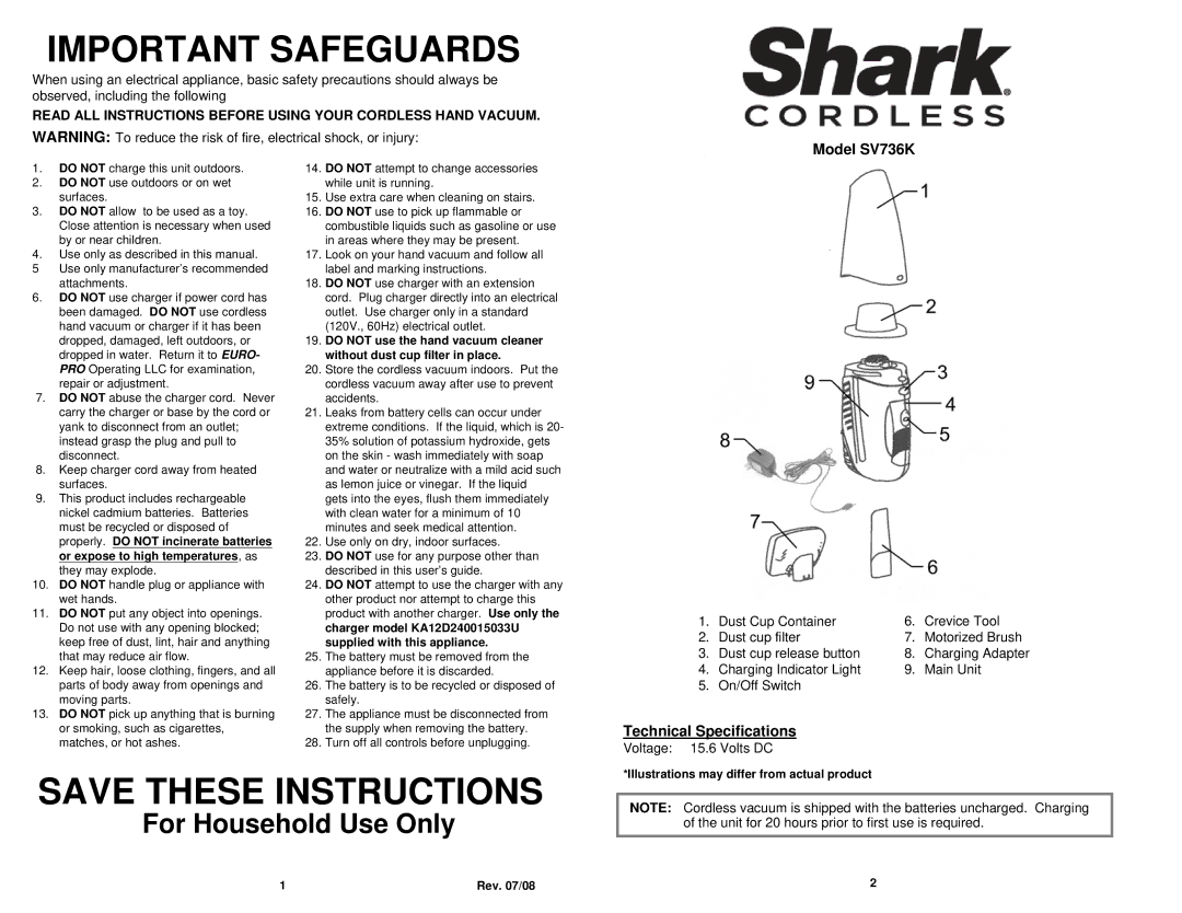 Euro-Pro manual Model SV736K, Technical Specifications 