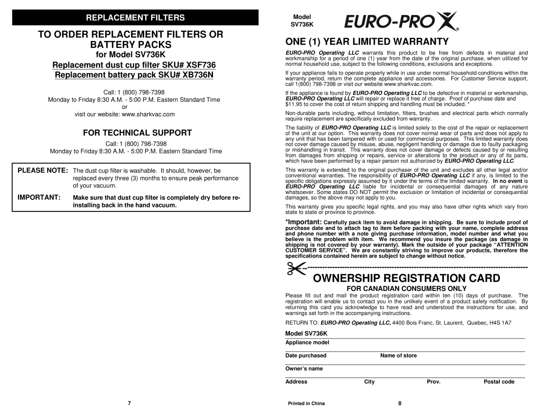 Euro-Pro SV736K manual Ownership Registration Card, For Canadian Consumers only 