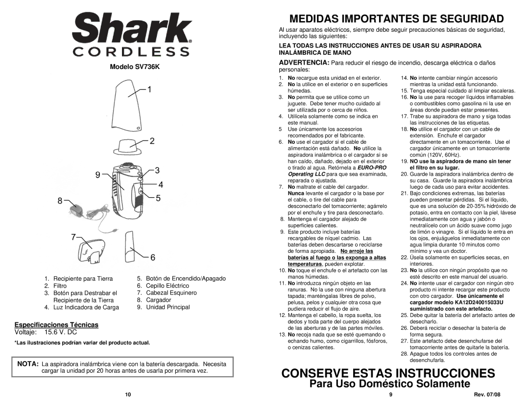 Euro-Pro manual Medidas Importantes DE Seguridad, Modelo SV736K, Especificaciones Técnicas 