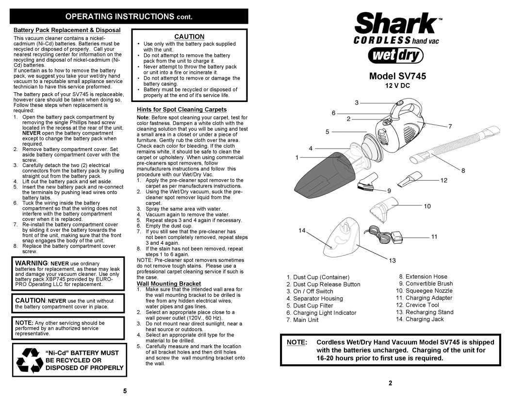 Euro-Pro SV745 warranty Battery Pack Replacement & Disposal 