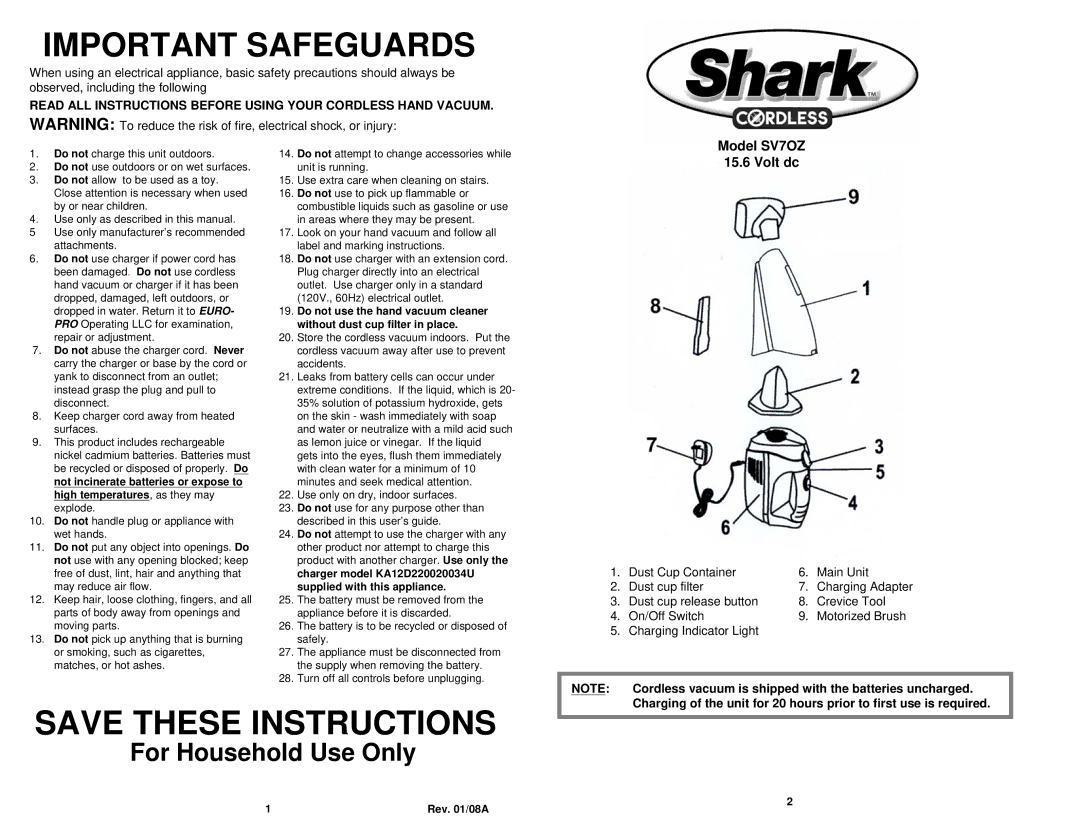 Euro-Pro manual Important Safeguards, Model SV7OZ Volt dc 