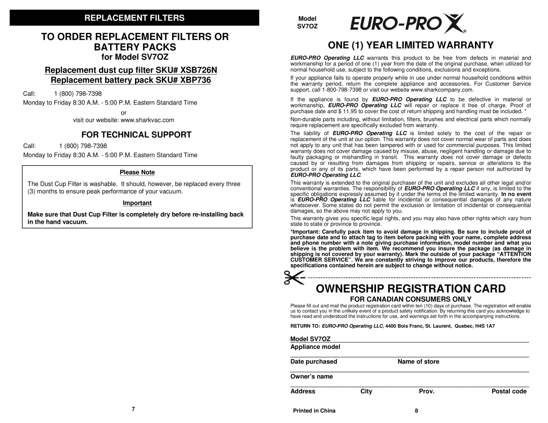 Euro-Pro SV7OZ manual For Canadian Consumers only, Please Note 