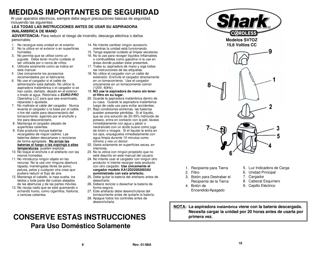 Euro-Pro manual Modelos SV7OZ, 15,6 Voltios CC 