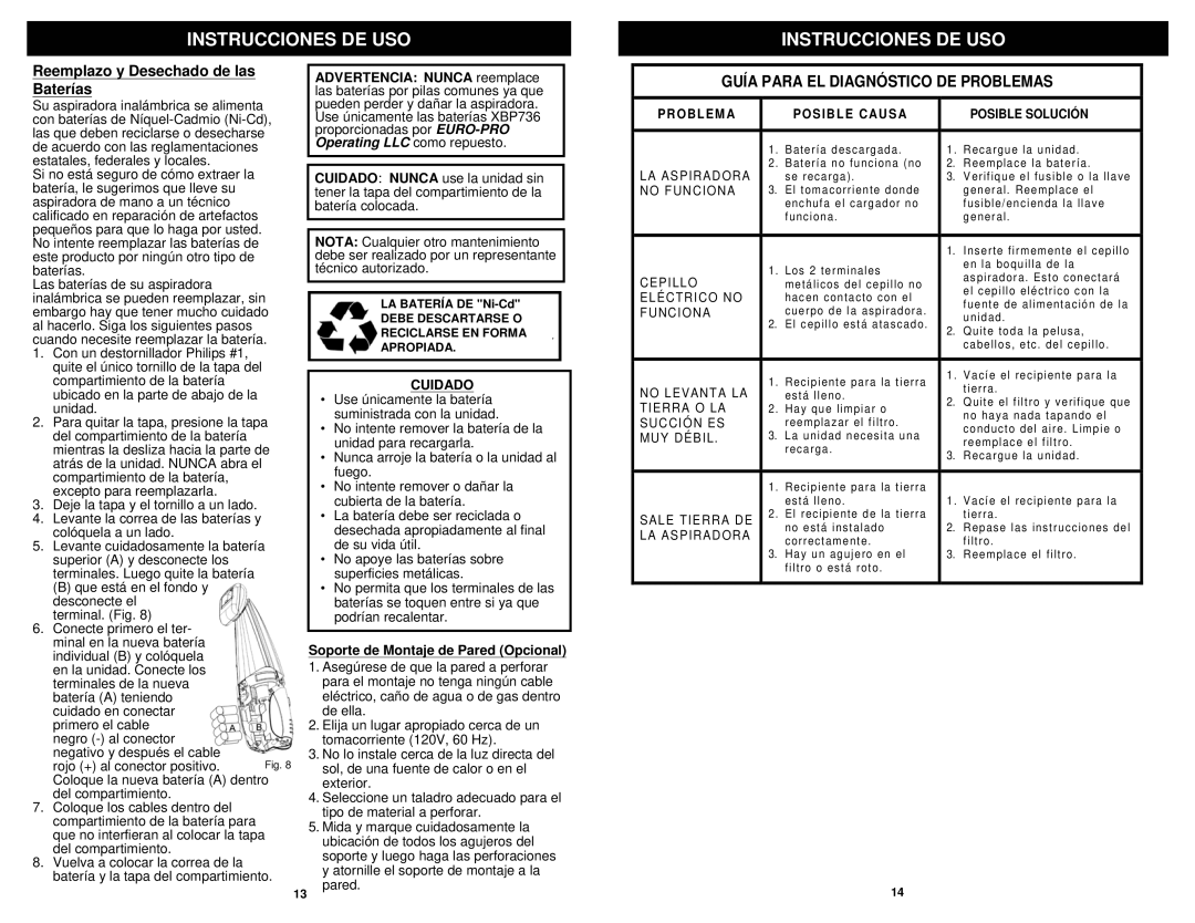 Euro-Pro SV7OZ manual Reemplazo y Desechado de las Baterías, Guía Para EL Diagnóstico DE Problemas 