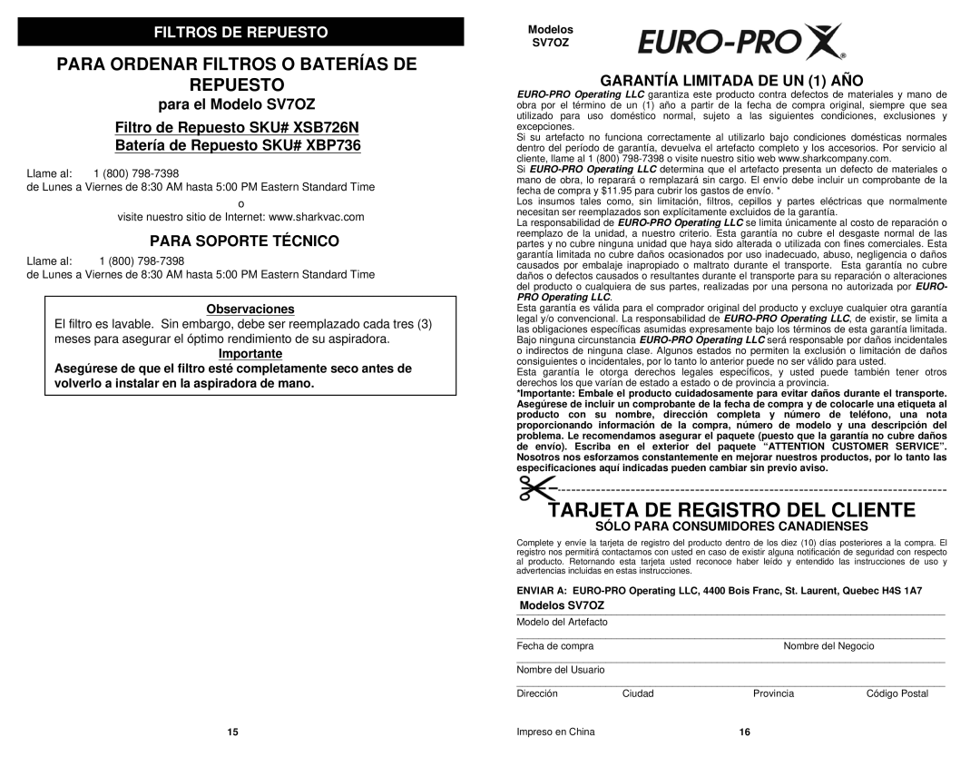 Euro-Pro manual Observaciones, Sólo Para Consumidores Canadienses, Modelos SV7OZ 