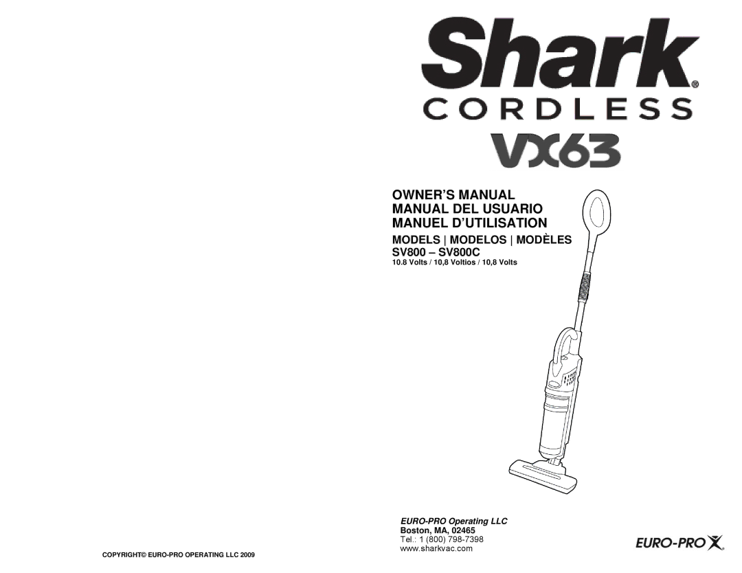 Euro-Pro owner manual Models Modelos Modèles SV800 SV800C, Tel 800 