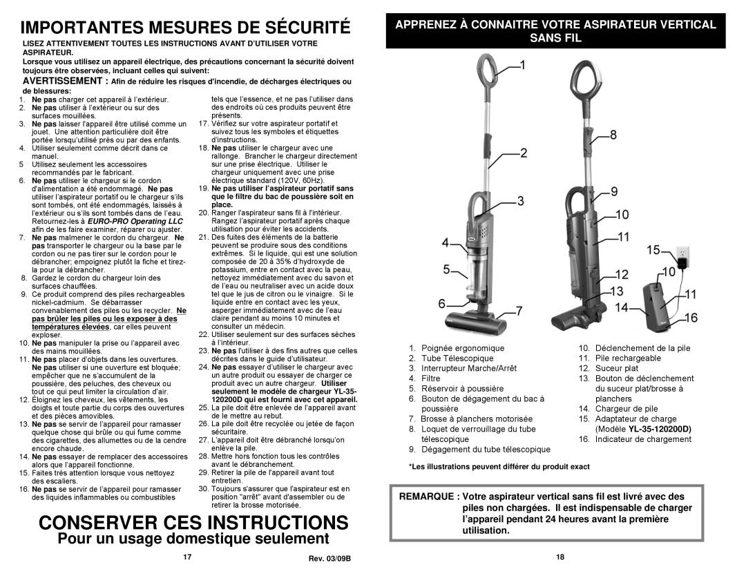 Euro-Pro SV800C owner manual Apprenez À Connaitre Votre Aspirateur Vertical Sans FIL, Poignée ergonomique, Télescopique 