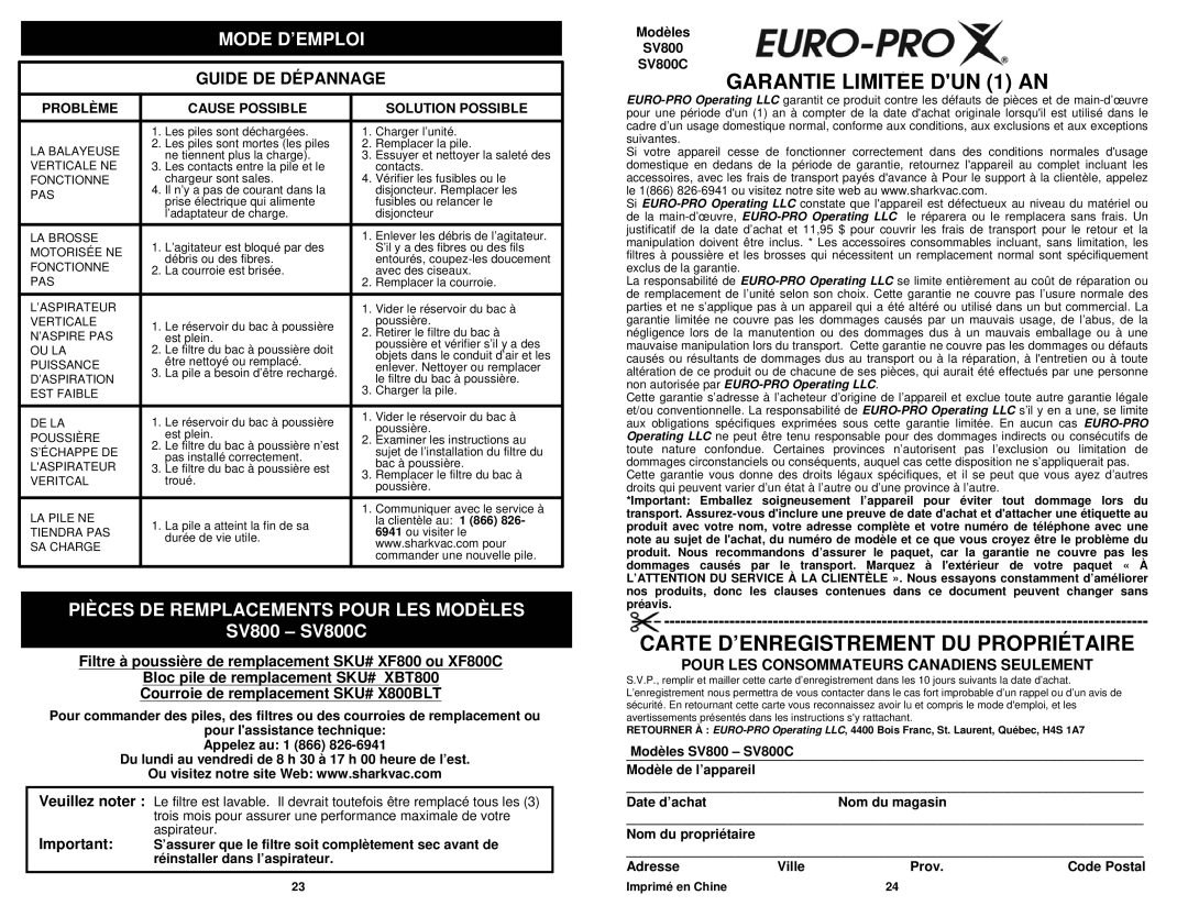 Euro-Pro SV800C owner manual Garantie Limitée DUN 1 AN, Carte D’ENREGISTREMENT DU Propriétaire 