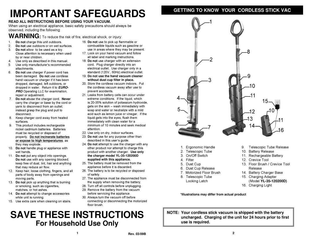 Euro-Pro SV800 Getting to Know Your Cordless Stick VAC, Read ALL Instructions Before Using Your Vacuum, Ergonomic Handle 