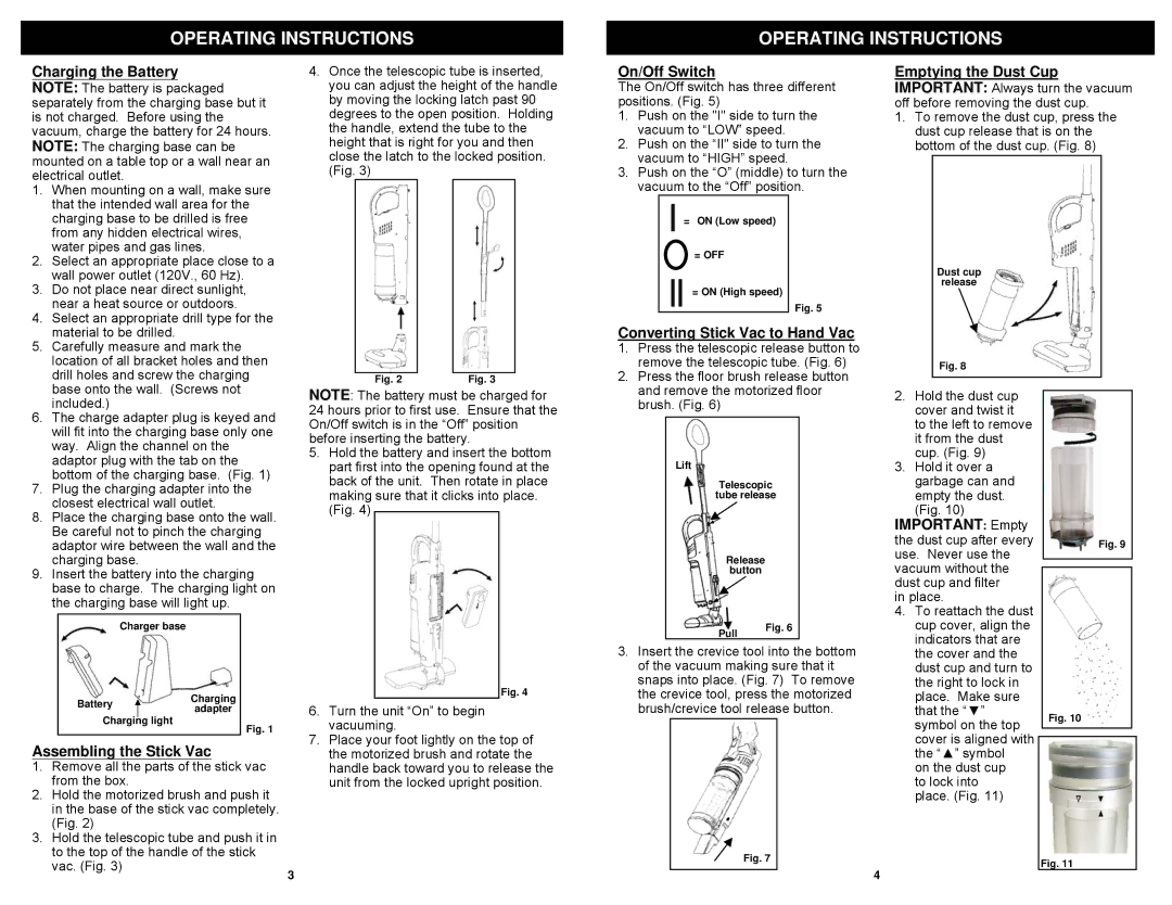 Euro-Pro SV800C Operating Instructions, On/Off Switch, Converting Stick Vac to Hand Vac, Assembling the Stick Vac 