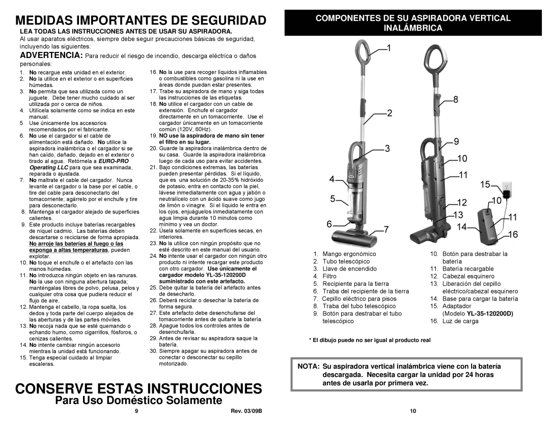 Euro-Pro SV800C owner manual Componentes DE SU Aspiradora Vertical Inalámbrica, Antes de usarla por primera vez 