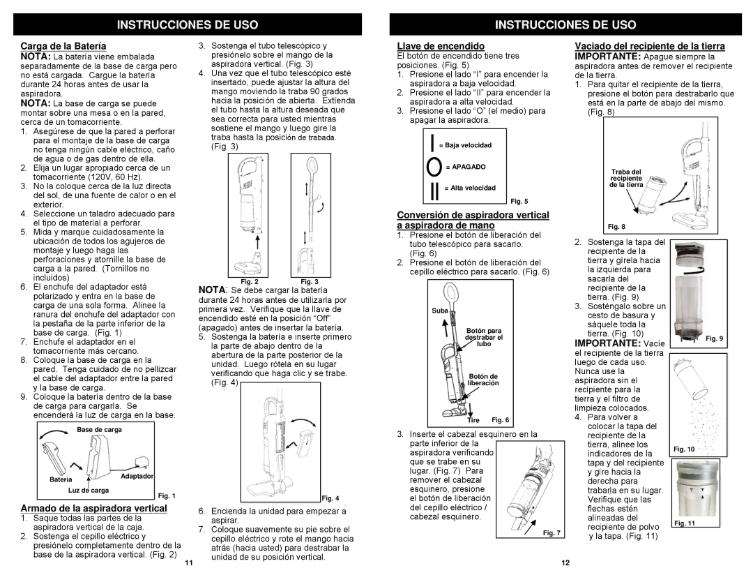 Euro-Pro SV800C Instrucciones DE USO, Carga de la Batería, Llave de encendido, Armado de la aspiradora vertical 