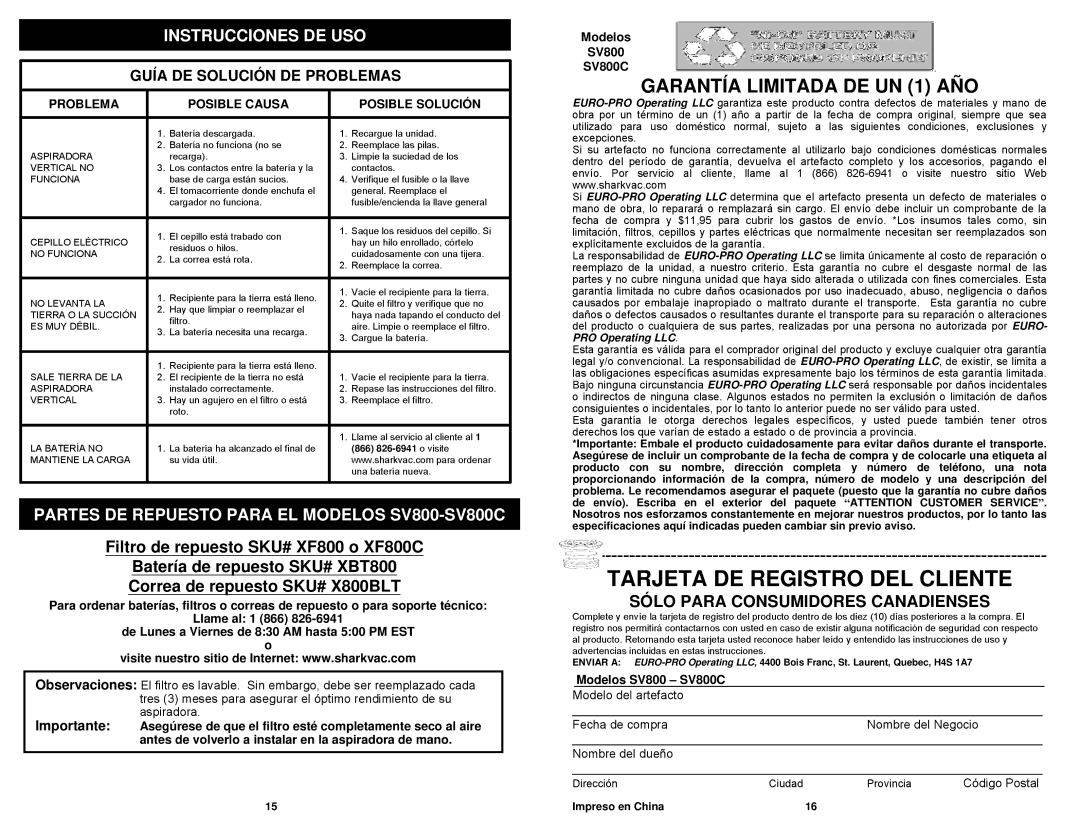 Euro-Pro owner manual Garantía Limitada DE UN 1 AÑO, Partes DE Repuesto Para EL Modelos SV800-SV800C 