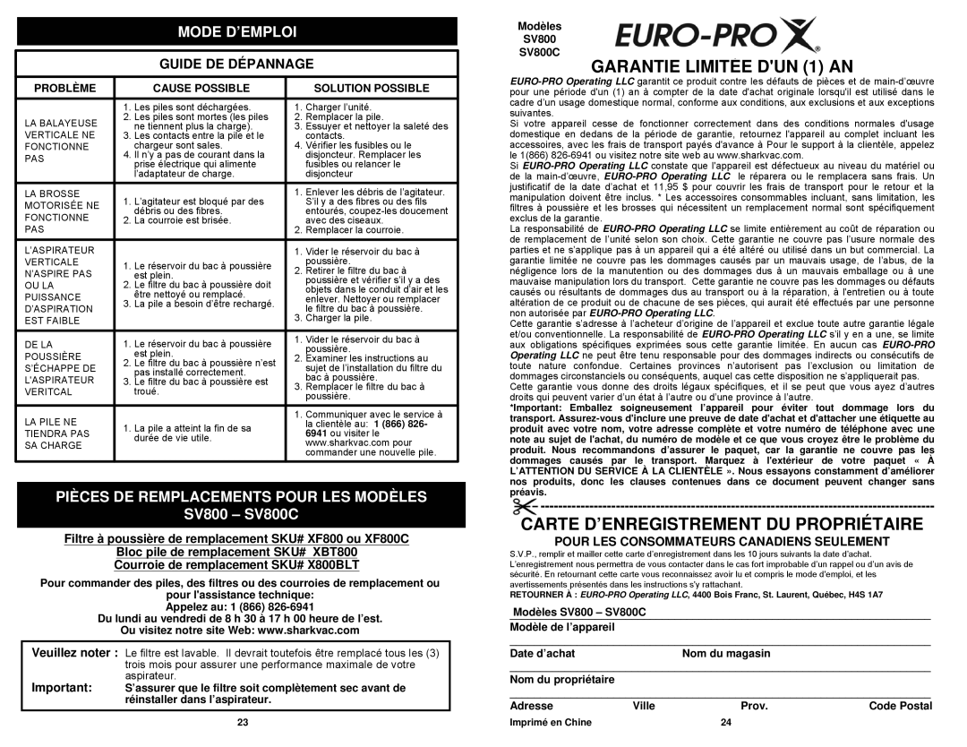 Euro-Pro SV800C GARANTIE LIMITÉE DUN 1 AN, Carte D’Enregistrement Du Propriétaire, Guide De Dépannage, Problème, Adresse 
