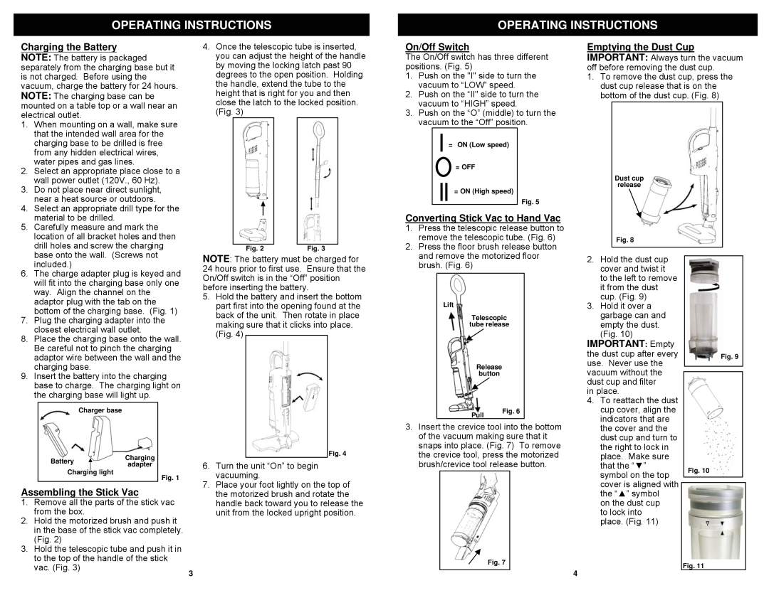 Euro-Pro SV800C Operating Instructions, On/Off Switch, Converting Stick Vac to Hand Vac, Assembling the Stick Vac 