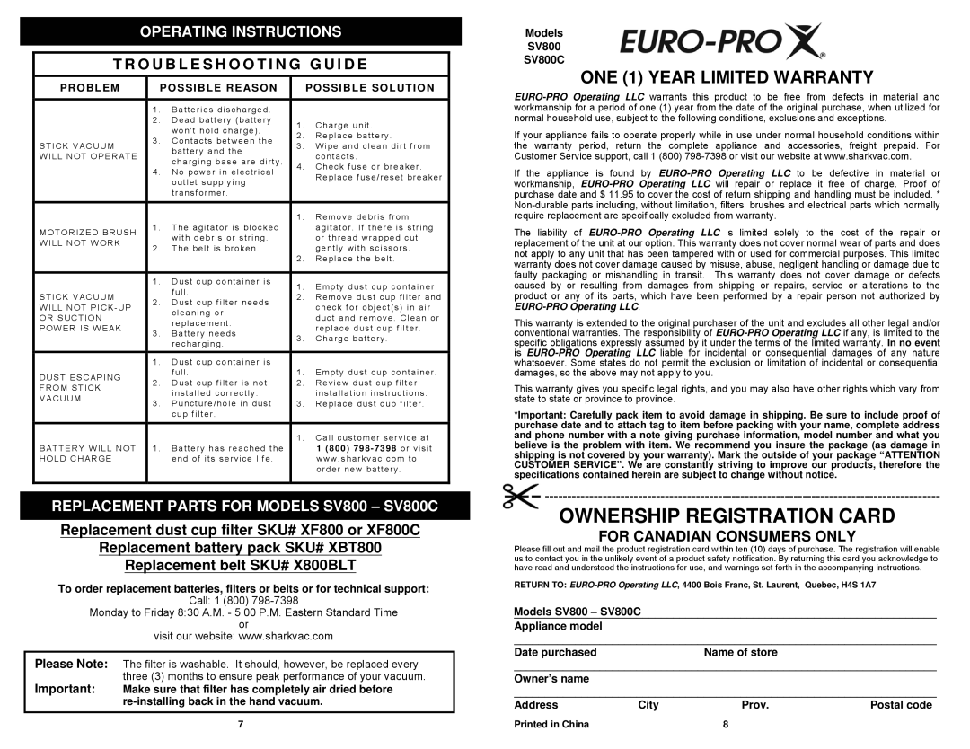 Euro-Pro SV800C Ownership Registration Card, ONE 1 YEAR LIMITED WARRANTY, T R O U B L E S H O O T I N G G U I D E, Problem 