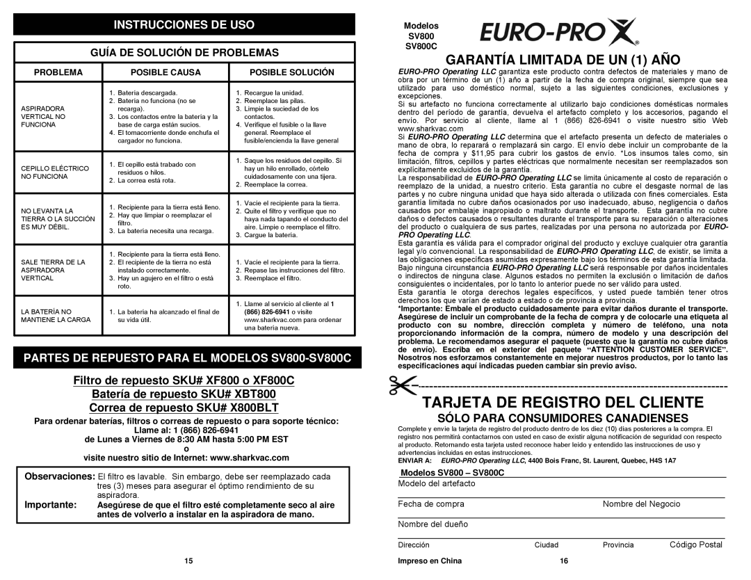 Euro-Pro SV800C Tarjeta De Registro Del Cliente, GARANTÍA LIMITADA DE UN 1 AÑO, Filtro de repuesto SKU# XF800 o XF800C 