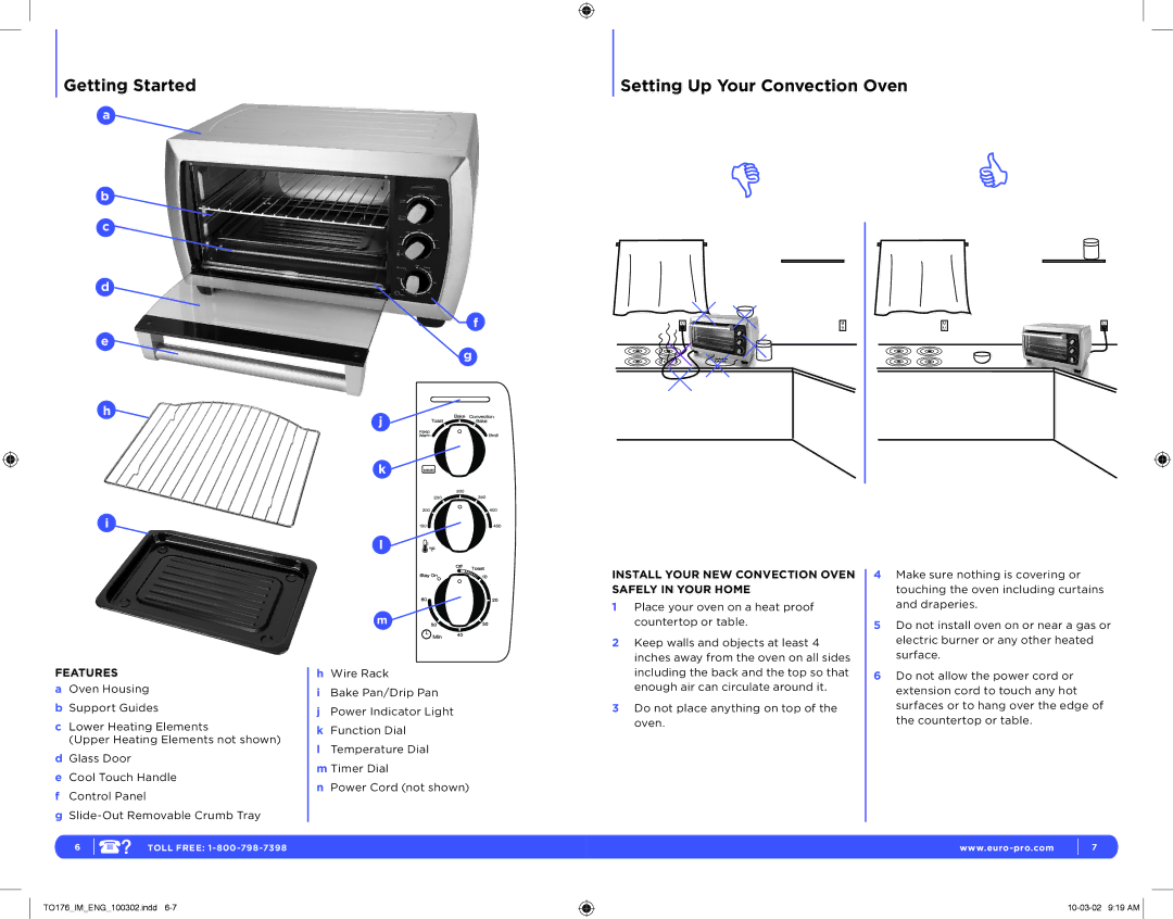 Euro-Pro TO176 manual Getting Started Setting Up Your Convection Oven, Install Your NEW Convection Oven Safely in Your Home 