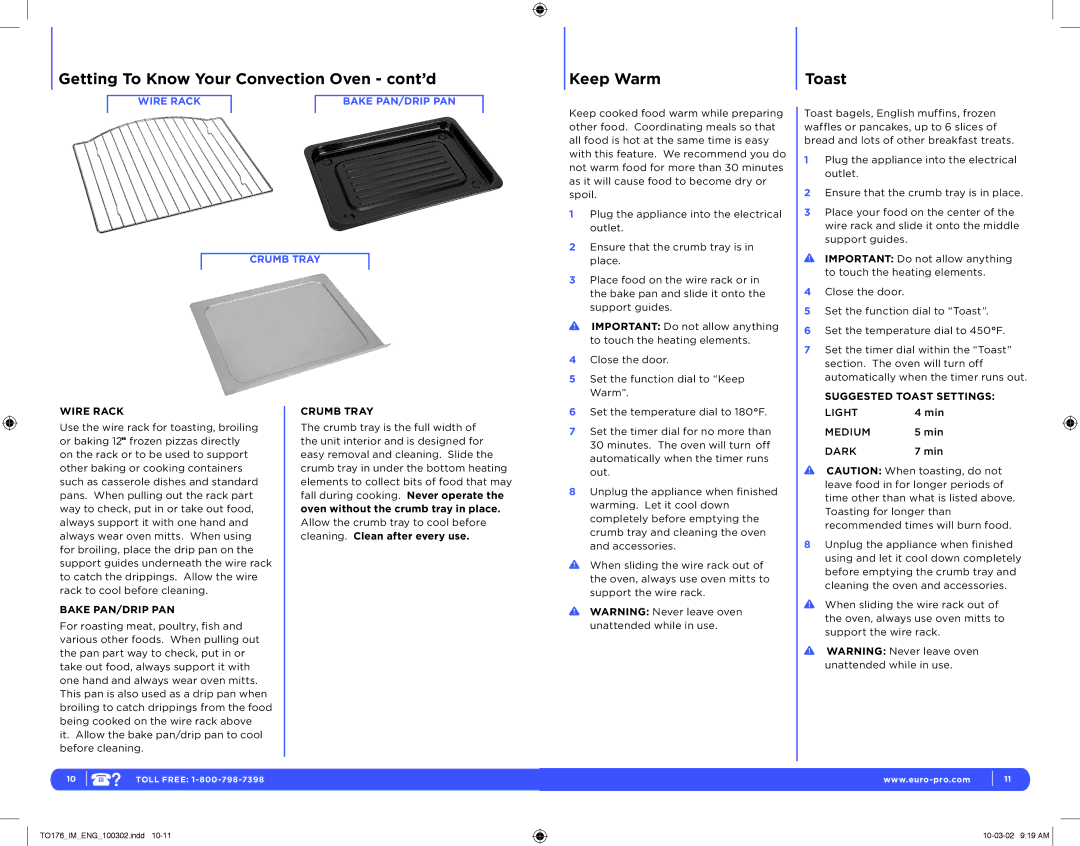 Euro-Pro TO176 manual Getting To Know Your Convection Oven cont’d, Keep Warm Toast, Suggested Toast Settings Wire Rack 