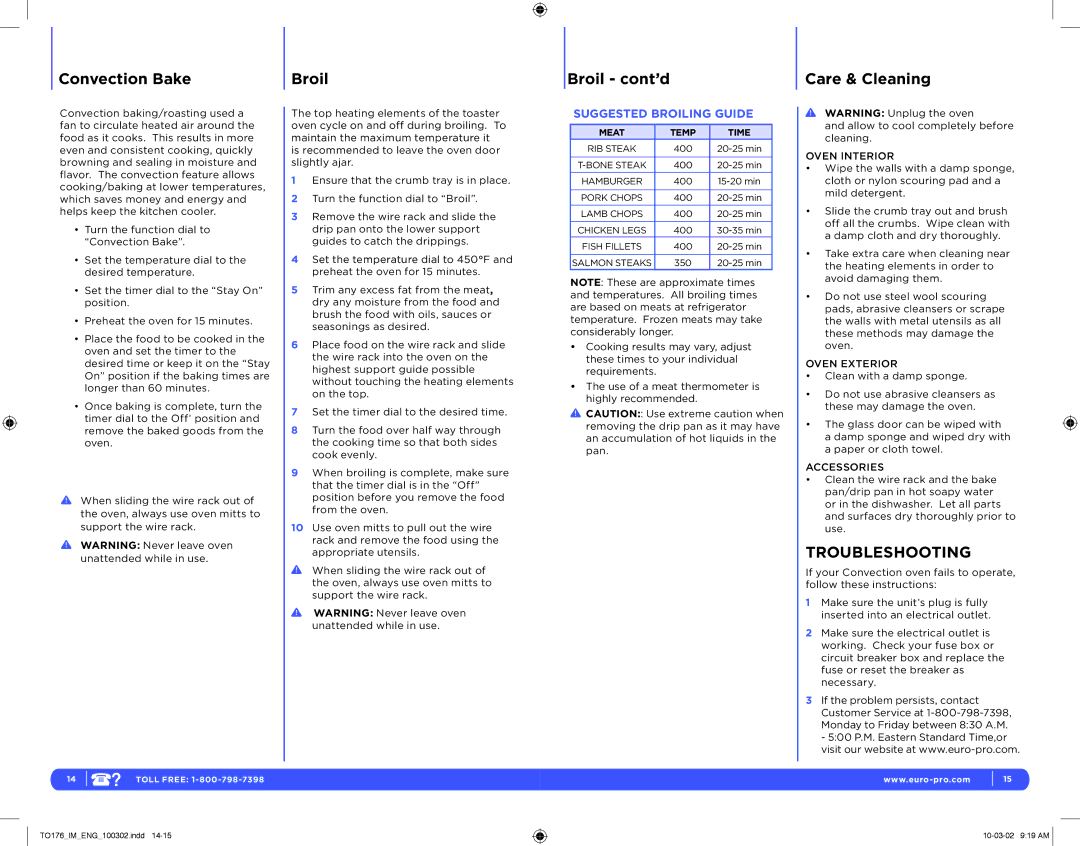 Euro-Pro TO176 manual Convection Bake Broil Broil cont’d Care & Cleaning, Oven Interior, Oven Exterior, Accessories 