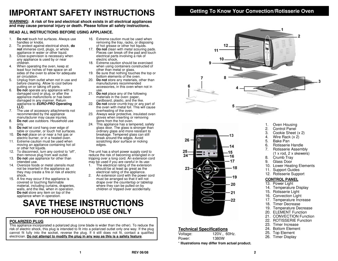 Euro-Pro TO230W For Household USE only, Getting To Know Your Convection/Rotisserie Oven, Technical Specifications 