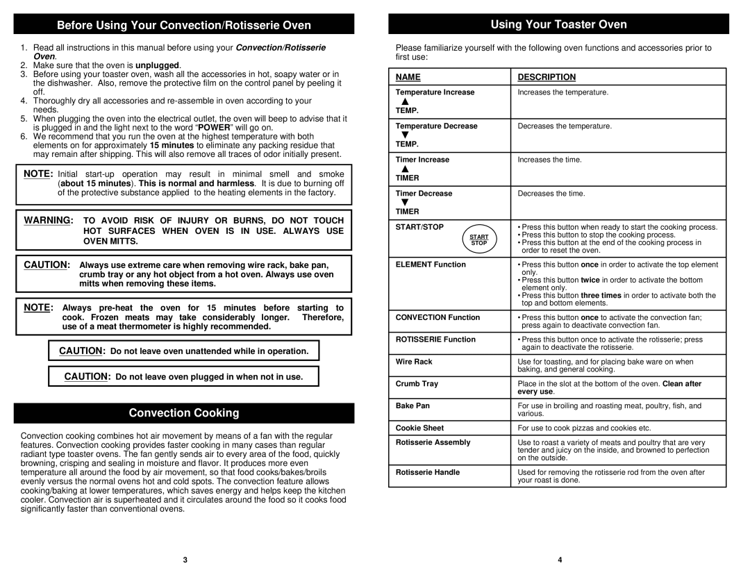 Euro-Pro TO230W Before Using Your Convection/Rotisserie Oven, Convection Cooking, Using Your Toaster Oven 