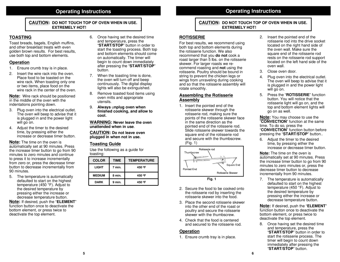 Euro-Pro TO230W instruction manual Operating Instructions, Toasting, Rotisserie 