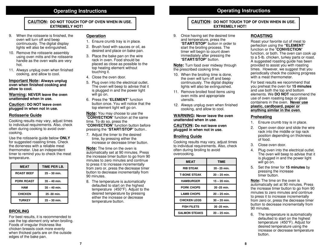 Euro-Pro TO230W instruction manual Rotisserie Guide, Broiling Guide, Roasting, Preheating 