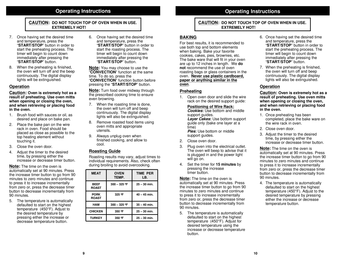 Euro-Pro TO230W instruction manual Roasting Guide, Baking, Meat Oven Time PER Temp 