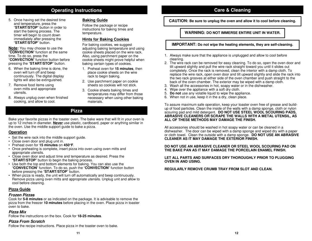 Euro-Pro TO230W Operating Instructions Care & Cleaning, Baking Guide, Hints for Baking Cookies, Pizza Guide 