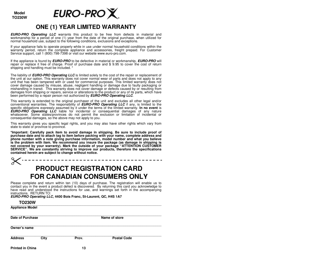 Euro-Pro TO230W instruction manual Product Registration Card for Canadian Consumers only 