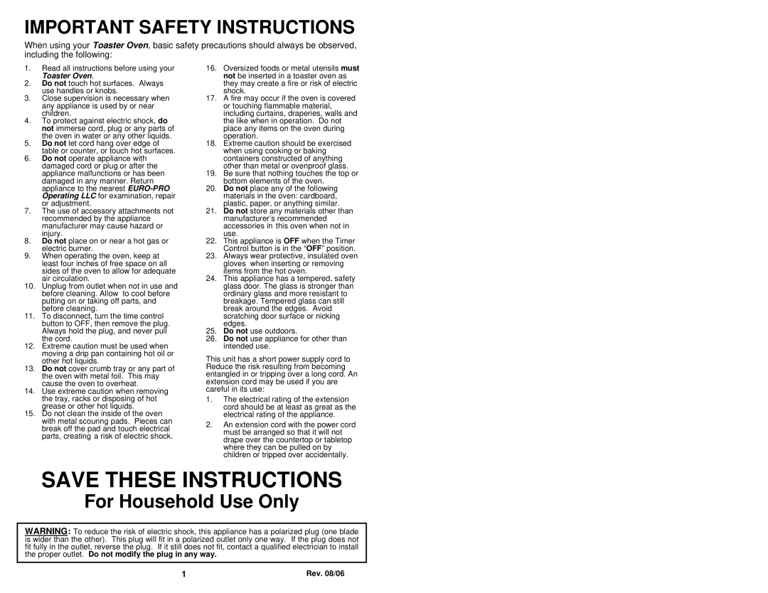 Euro-Pro TO279 owner manual Important Safety Instructions 