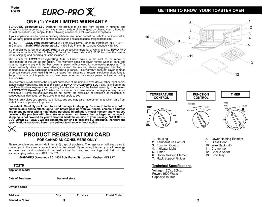 Euro-Pro owner manual Technical Specifications, Model TO279 