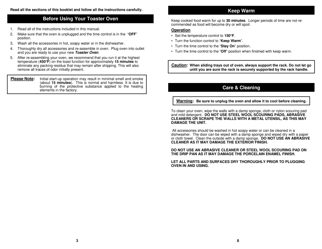 Euro-Pro TO279 owner manual Before Using Your Toaster Oven, Keep Warm, Care & Cleaning, Operation 