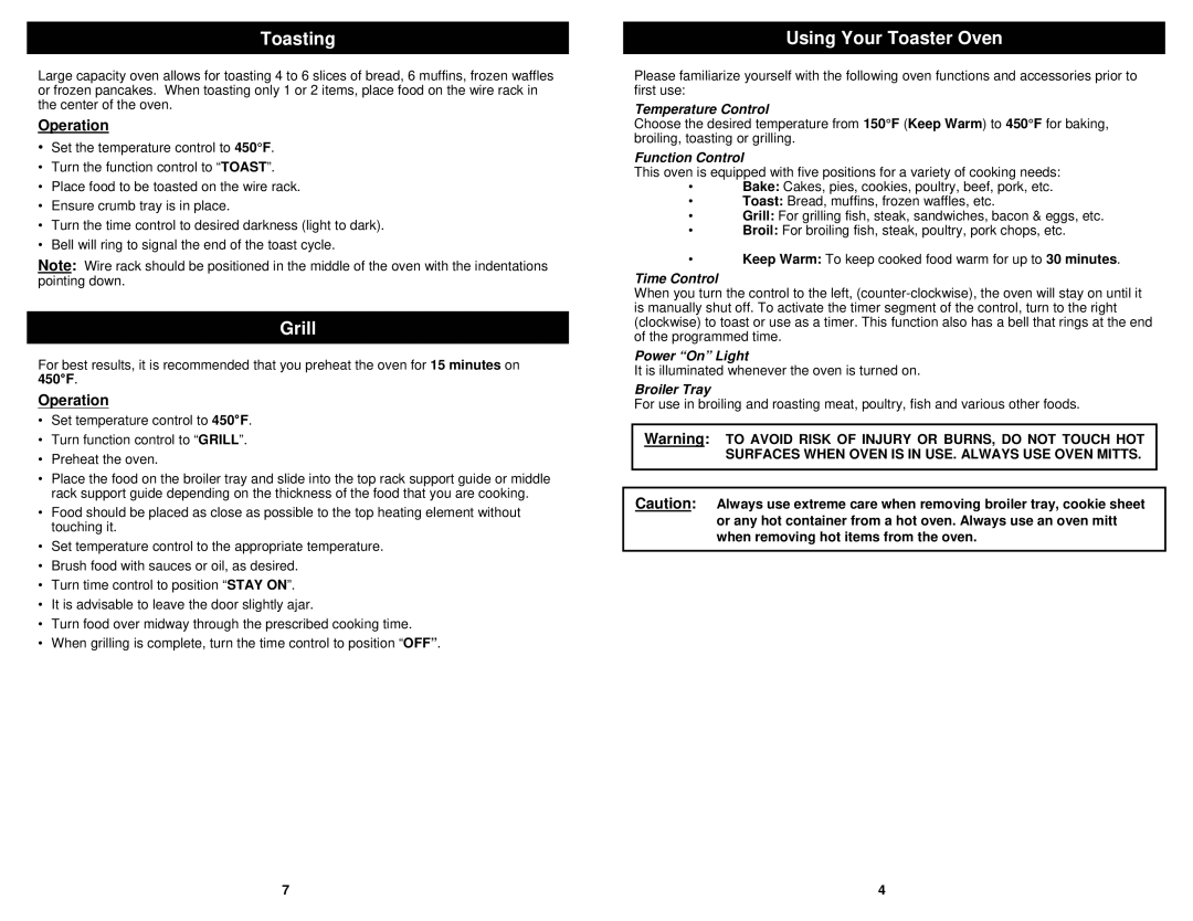 Euro-Pro TO279 owner manual Toasting, Grill, Using Your Toaster Oven 