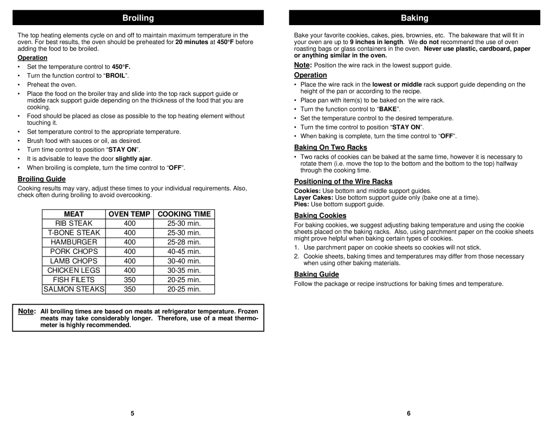 Euro-Pro TO279 owner manual Broiling, Baking 