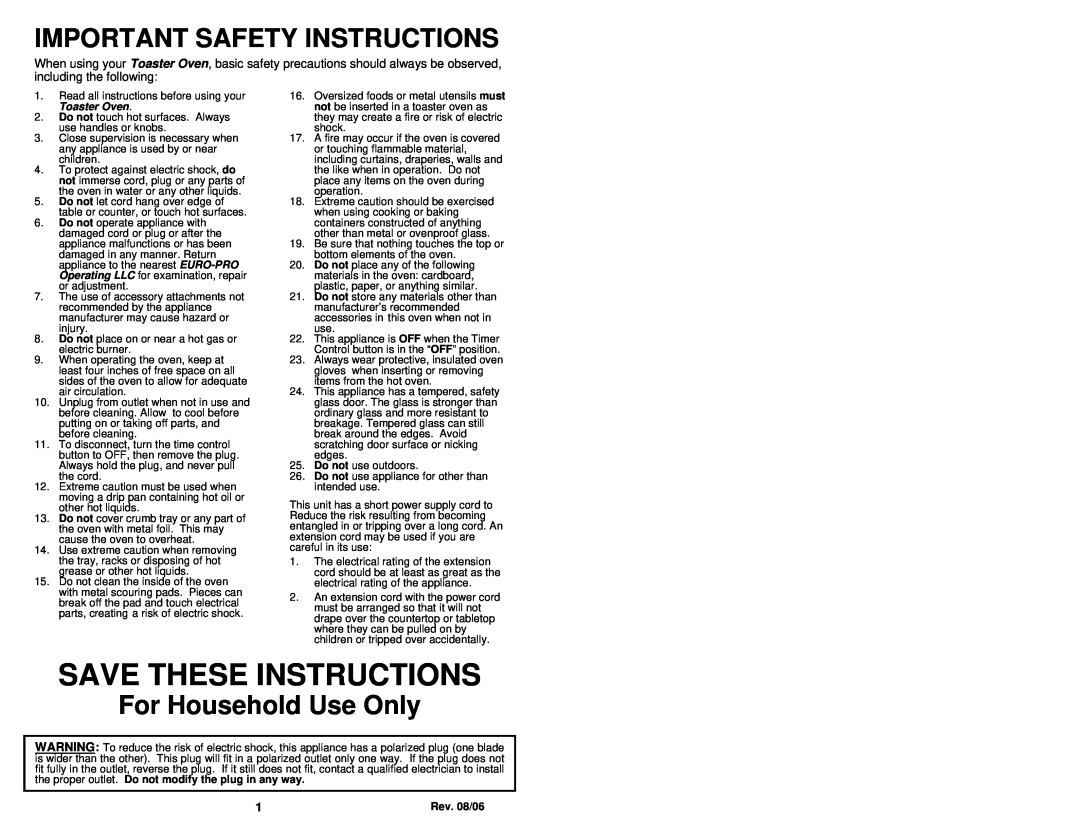 Euro-Pro TO279 owner manual Save These Instructions, Important Safety Instructions, For Household Use Only 