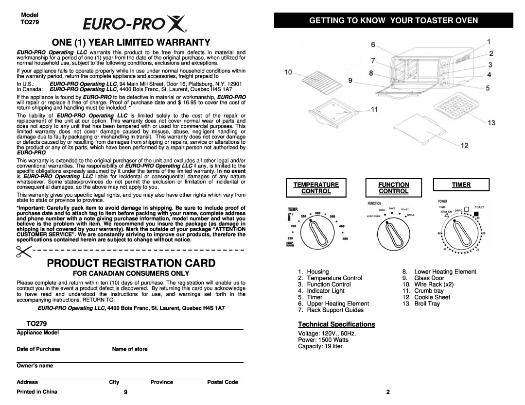 Euro-Pro TO279 owner manual Getting To Know Your Toaster Oven, For Canadian Consumers Only, Technical Specifications 