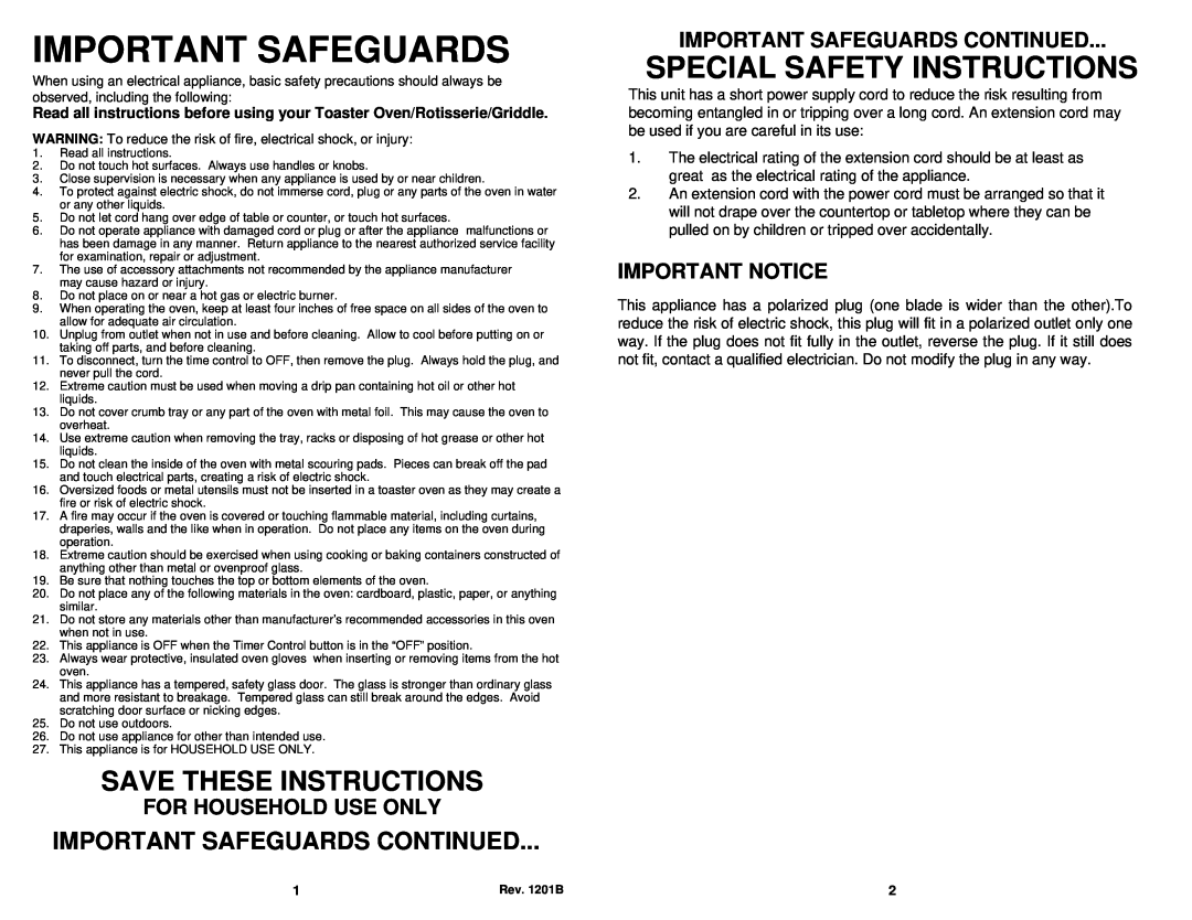 Euro-Pro TO280 manual Important Safeguards, Special Safety Instructions, Save These Instructions, For Household Use Only 