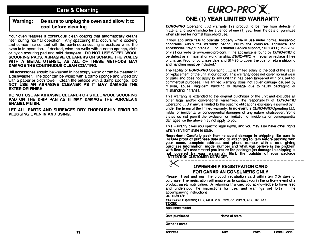 Euro-Pro TO280 Care & Cleaning, ONE 1 YEAR LIMITED WARRANTY, Ownership Registration Card, For Canadian Consumers Only 