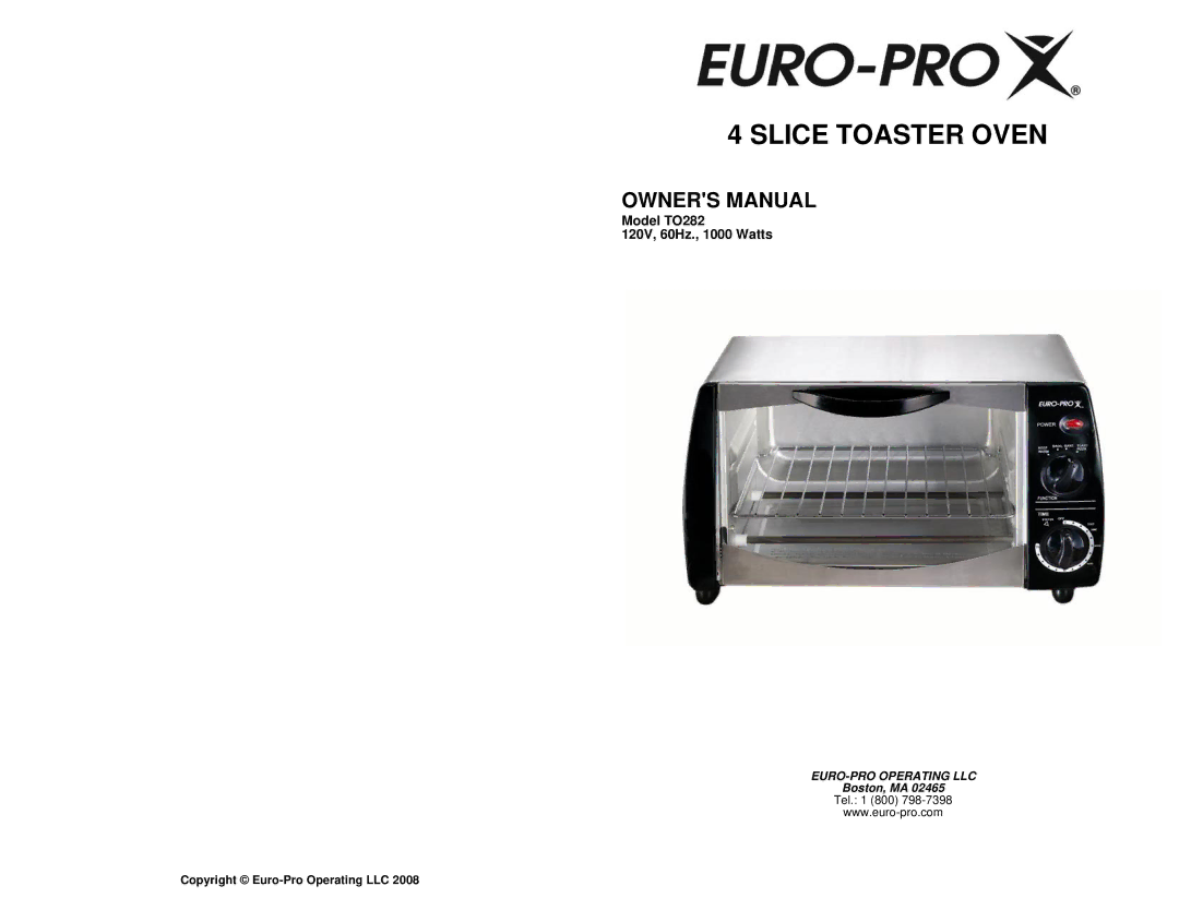 Euro-Pro TO282 owner manual Slice Toaster Oven 