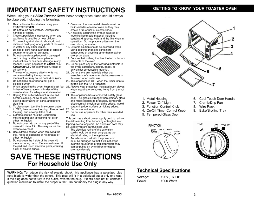 Euro-Pro TO282 owner manual Important Safety Instructions 