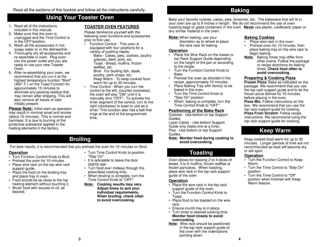 Euro-Pro TO282 owner manual Using Your Toaster Oven Baking, Keep Warm Broiling, Toasting 