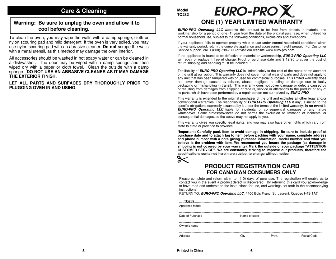 Euro-Pro TO282 owner manual Care & Cleaning, ONE 1 Year Limited Warranty 