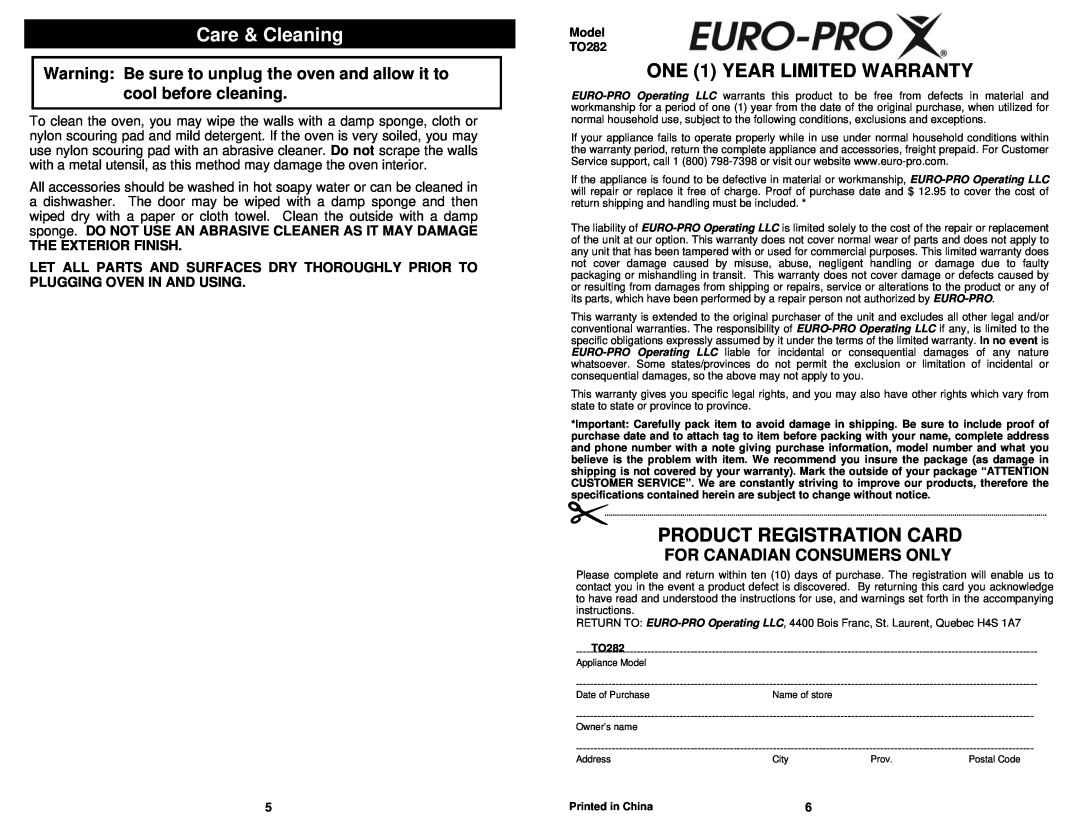 Euro-Pro TO282 owner manual Care & Cleaning, ONE 1 YEAR LIMITED WARRANTY, Product Registration Card, The Exterior Finish 