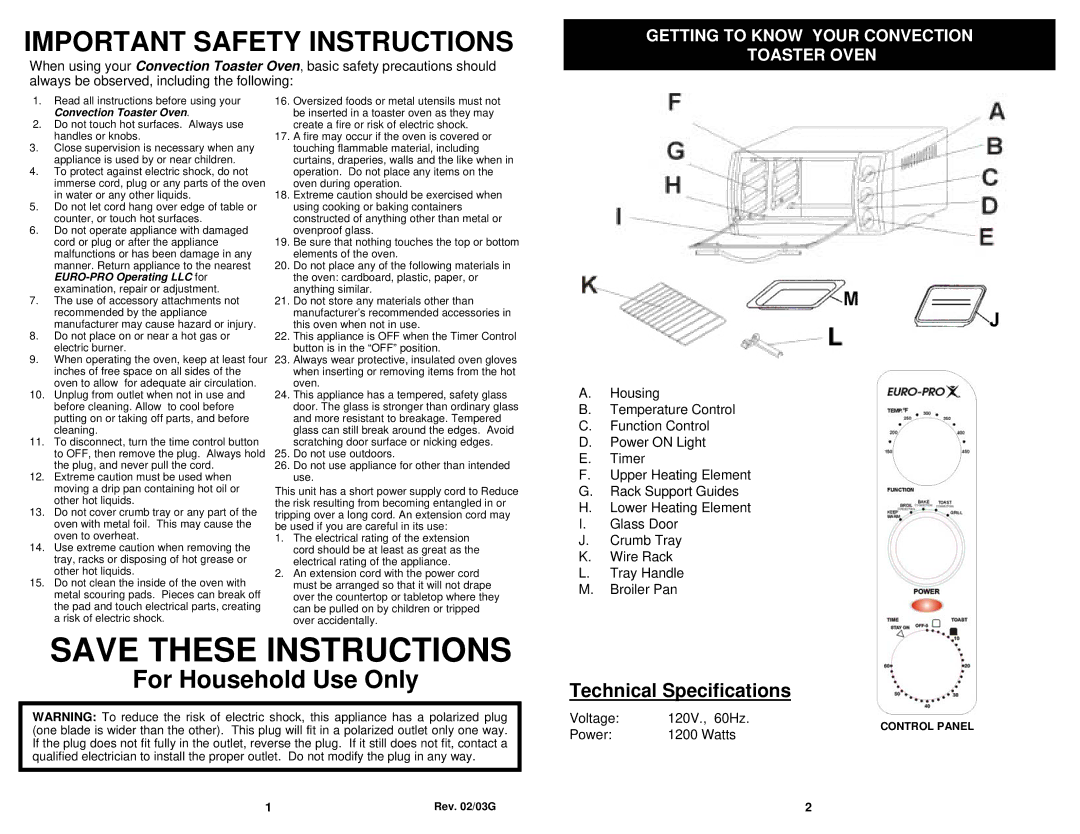 Euro-Pro TO283 owner manual Important Safety Instructions, Technical Specifications 