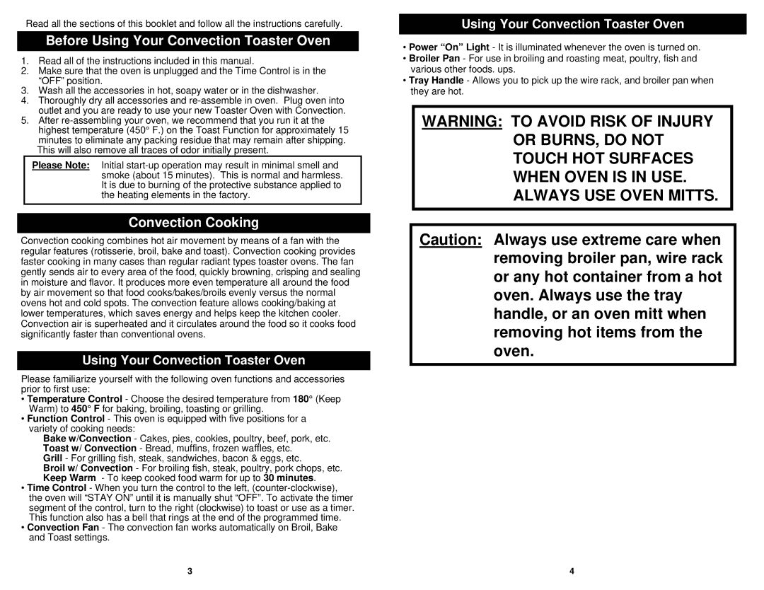 Euro-Pro TO283 owner manual Before Using Your Convection Toaster Oven, Convection Cooking 