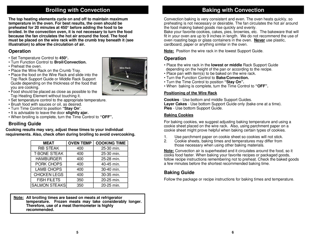 Euro-Pro TO283 owner manual Broiling with Convection, Baking with Convection 