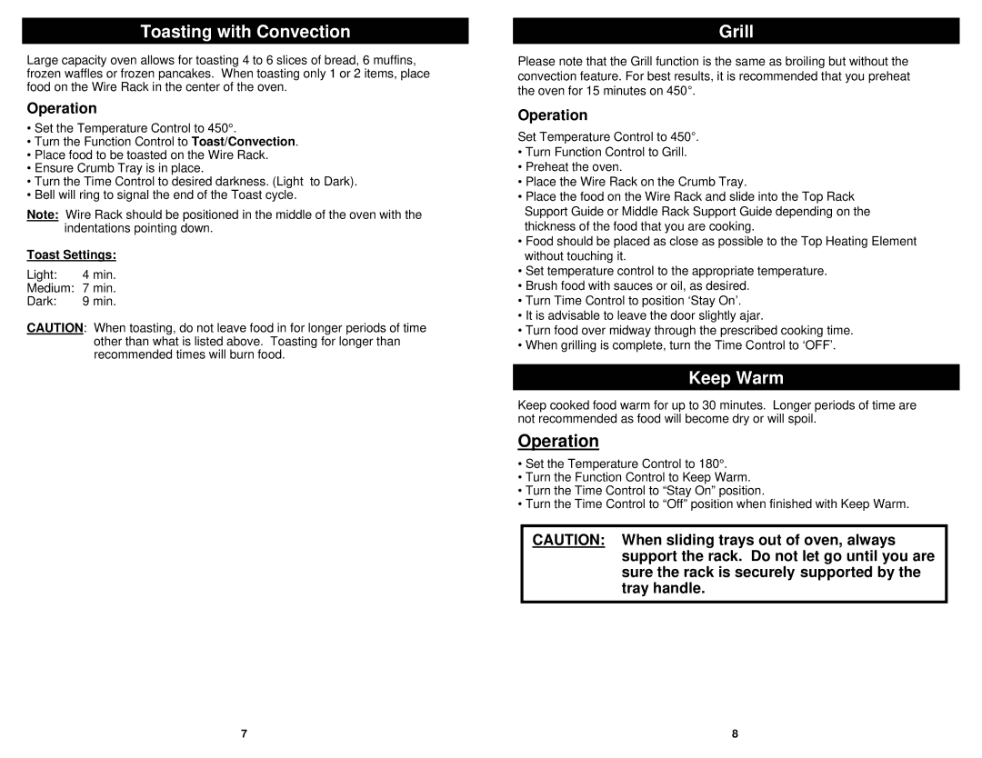 Euro-Pro TO283 owner manual Toasting with Convection, Grill, Keep Warm, Operation 