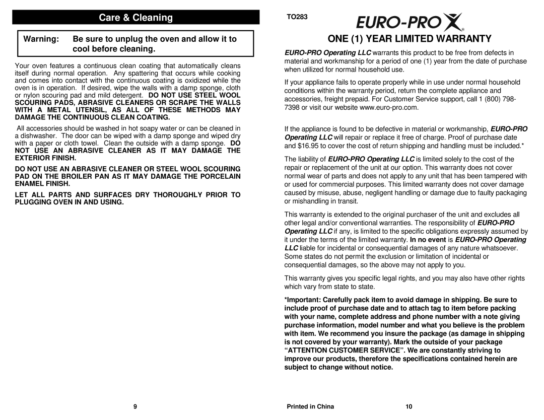 Euro-Pro TO283 owner manual Care & Cleaning, ONE 1 Year Limited Warranty 